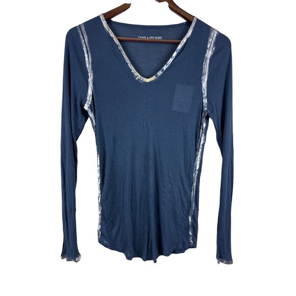 Zadig & Voltaire Women's Top 100% Modal Blue Foil V-Neck Sheer Size Small New - Picture 1 of 9